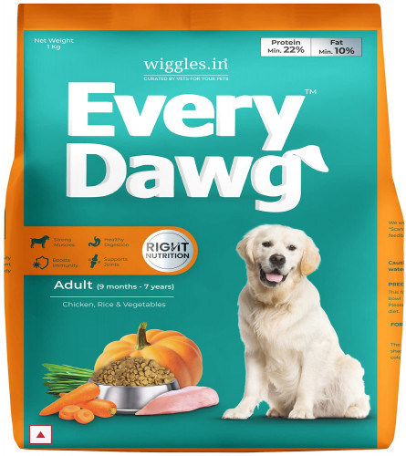 WIGGLES EveryDawg Dog Food Dry Adult, Chicken Rice & Vegetables, 1kg - Complete Nutrition, Free ship