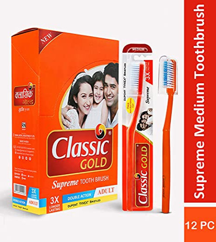 Supreme Classic Gold Medium Manual Toothbrush For Adults (Pack Of 12)