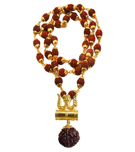 Shiv Kavach with Panchmukhi Rudraksha Mala Gold and Brown Wood and Brass Om