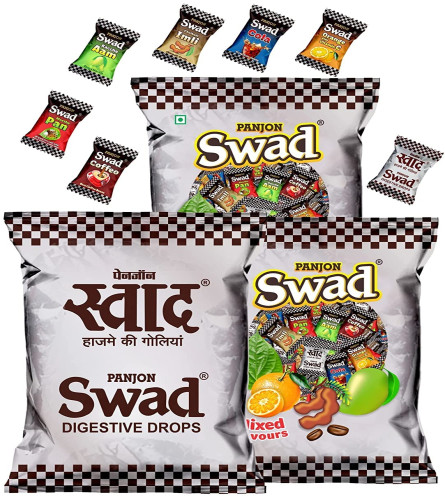 Swad Original Toffee (1 Pack) & Swad Mixed Candy (2 Pack) Pan, Imli, Coffee, Kaccha Aam, Cola,