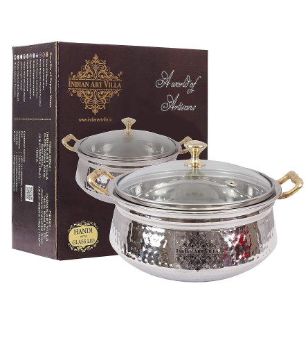 INDIAN ART VILLA Stainless Steel Hammered Design Handi/Bowl/Casserole with Toughened Glass Lid 500 ml