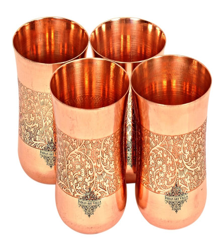 INDIAN ART VILLA Embossed Design Copper Glass Tumbler, Drinkware & Sevreware, 300 ML Each, Set of 4, Brown