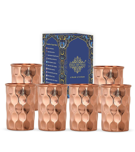 INDIAN ART VILLA Pure Copper Plain Glass with Diamond Hammered Design Drinking Serving Water 300 ml (Pack of 6)