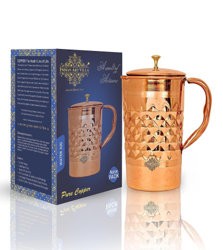 Indian Art Villa Dinamond Hammered Design Copper Jug Pitcher 1000 ml (Fs)