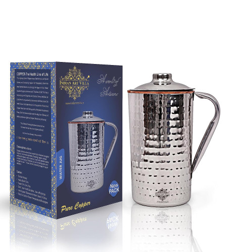 Indian Art Villa Steel Copper Hammered Design Jug Pitcher with Lid, Storage & Serving Water 1500 ml (Fs)