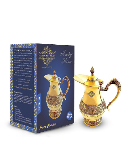Indian Art Villa Designer Brass Embossed Jug Pitcher with Lid, Drinkware & Tableware - Gold 1000 ml