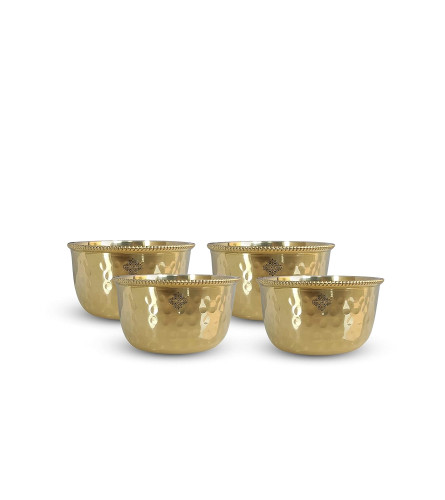 INDIAN ART VILLA Pure Brass Hammered Beeded Design Flat Bottom Bowl 150 ml Set of 4