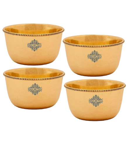 INDIAN ART VILLA Pure Brass Plain Beeded Design Flat Bottom Bowl 180 ml Set of 4