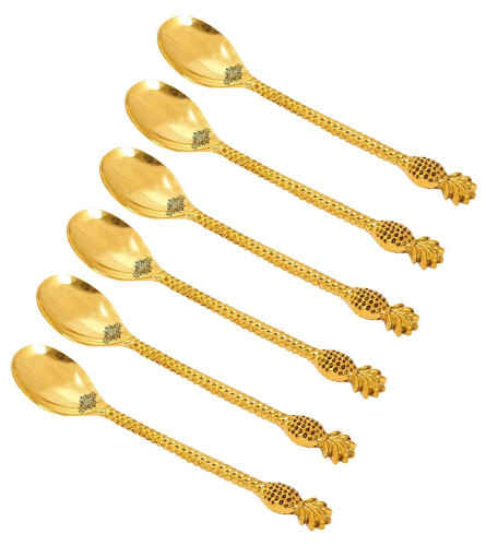 Indian Art Villa Brass Designer Spoon, Pineapple Design, Flatware, 8.5'' Inch, Gold, Set of 6