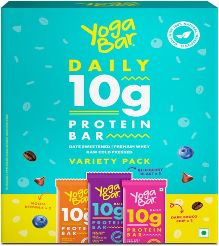 Yogabar Variety Pack 10g Protein Bars [Pack of 6], Protein Blend & Premium Whey, 100% Veg, Rich Protein Bar with Date, Vitamins, Fiber, Energy & Immunity for fitness. 100% Natural ingredients used.