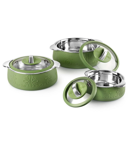 cello-royale-combo-of-3-casseroles-with-insulated-stainless-steel-and-glass-lid-capacity--60011001600ml-green-free-shipping-worldwide-