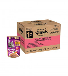 Whiskas Tasty Mix Adult Wet Cat Food,Real Fish, Tuna With Kanikama And Carrots in Gravy, 24 x 70g