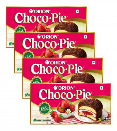 ORION Strawberry Choco Pie - 4 x 6 Piece Pack (24 pies)| Centre-filled Chocolate biscuit , free ship