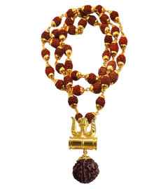 Shiv Kavach with Panchmukhi Rudraksha Mala Gold and Brown Wood and Brass Om
