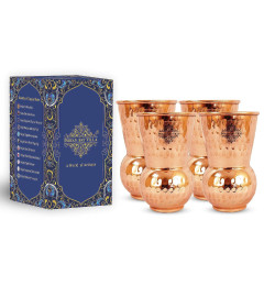 Indian Art Villa Copper Mathat Glass Tumbler, Hammer Design, Drinkware, 300 ML Each, Set of 4