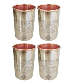 INDIAN ART VILLA Steel and Copper Glass Tumbler, Drinkware, 250 ML Each, (Set of 4)