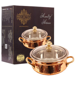 Indian Art Villa Steel Copper Handi Bowl with Glass Lid 500 ml (Fs)