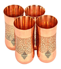 INDIAN ART VILLA Embossed Design Copper Glass Tumbler, Drinkware & Sevreware, 300 ML Each, Set of 4, Brown