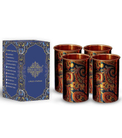 INDIAN ART VILLA Printed Copper Glass Tumbler, Drinkware & Serveware 300 ML, Blue, Set of 4