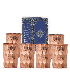 INDIAN ART VILLA Pure Copper Plain Glass with Diamond Hammered Design Drinking Serving Water 300 ml (Pack of 6)