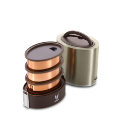 VAYA TYFFYN Graphite Copper-Finished Stainless Steel Lunch Box Without Bagmat, (One 400 ml + Two 300 ml Containers)1000 ml, 3 Containers, Brown