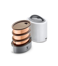 VAYA TYFFYN Copper-Finished Stainless Steel Lunch Box Without Bagmat, (One 400 ml + Two 300 ml Containers) 1000 ml, 3 Containers, White