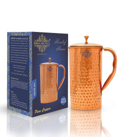 Indian Art Villa Hammered Design Copper Jug Pitcher with Brass Knob 1500 ml (Fs)