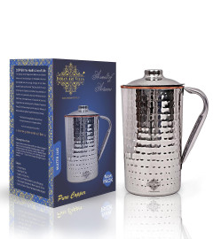 Indian Art Villa Steel Copper Hammered Design Jug Pitcher with Lid, Storage & Serving Water 1500 ml (Fs)