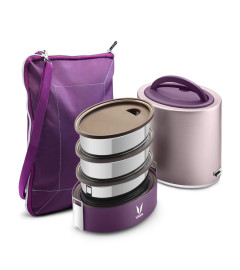 VAYA TYFFYN Polished Stainless Steel Lunch Box with Bagmat, 1000 ml, 3 Containers, Purple