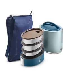 VAYA TYFFYN Polished Stainless Steel Lunch Box with Bagmat, 1000 ml, 3 Containers - Blue
