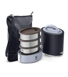 VAYA TYFFYN Black Polished Stainless Steel Lunch Box with Bagmat, 1000 ml, 3 Containers, Black