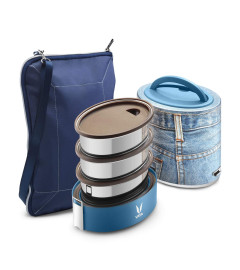 VAYA TYFFYN Polished Stainless Steel Lunch Box with Bagmat, 1000 ml, 3 Containers, Denim