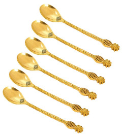 Indian Art Villa Brass Designer Spoon, Pineapple Design, Flatware, 8.5'' Inch, Gold, Set of 6