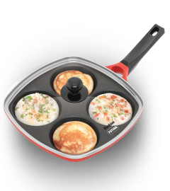 Hawkins 30 cm Die-Cast Multi Snack Pan with Glass Lid, Nonstick Mini Uttapam Tawa, Pancake Pan, Red  (Pack Of 1) Fs