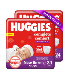 Huggies Complete Comfort Wonder Pants, Extra Small (XS),48 Count, Upto 5 kg Size Baby Diaper Pants, Combo Pack of 2, 24 count Per Pack, (48 count) with 5 in 1 Comfort (Free Shipping)