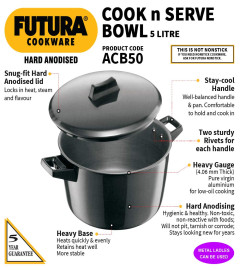 Hawkins Futura Hard Anoded Cook-n-Serve Ciotola 5 L, 23 cm, 4,06 mm, Alluminio