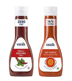Veeba Hot Garlic stir-Fry Sauce, 230 Grams and Chilli Oregano Sauce, 350 Grams - Pack of 2